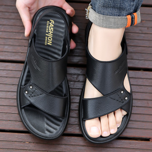 Sandales pour hommes à lanières croisées, première couche de cuir de vachette, semelle extérieure en caoutchouc antidérapante, chaussures de plage décontractées, bout ouvert, fermeture à boucle - Product Image 4