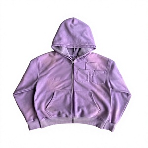 Sudadera con capucha unisex morada de felpa francesa con cremallera, estilo oversize, informal, de color liso, con bolsillos, para otoño, de poliéster. - Product Image 1