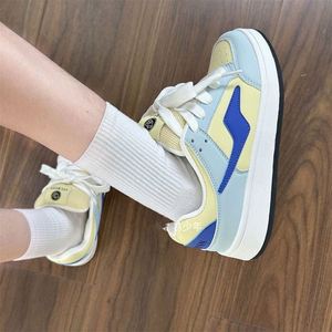 Trendy Hong Kong Style Women Bread Shoes, Blue Yellow Lightning Color <b>Block</b> Vibe, Letter Print Thick Sole Campus Skate - Product Image 5