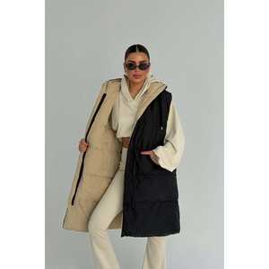 Gilet streetwear noir à capuche pour femme, broderie et boutons en fourrure, vêtement d'extérieur printemps/automne en tissu de toile de laine tissée et coton - Product Image 3