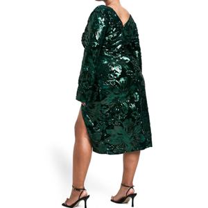 Nuevo Vestido Midi Verde con Lentejuelas para Mujer, Talla Grande, Cuello en V, Manga Larga, Abertura Lateral, Elegante - Product Image 2