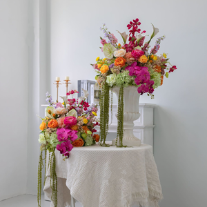 Arrangement floral artificiel en soie tropicale colorée, rose vif, orange, rose, calla, amarante suspendue, centre de table floral pour mariage - Product Image 3