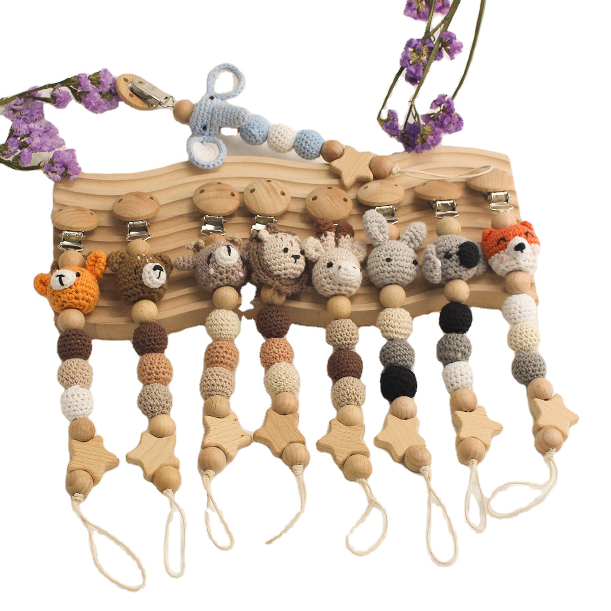 Wooden Baby Cartoon Animal Dental Glue Diy Pacifier Chain Baby Comfort Silicone Pacifier Clip Customized Logo