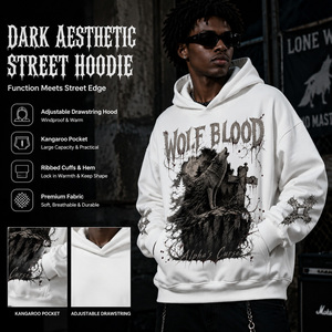 Sweat à capuche Alpha Curse 500 g/m² épais avec imprimé WOLF BLOOD, écologique, coupe classique, en polycoton, streetwear unisexe, hiver - Product Image 2