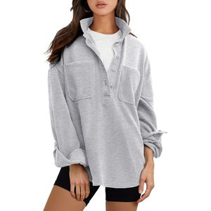 Sudadera Oversize de Manga Larga con Botones y Solapa para Mujer FOXA, con Bolsillos, Transpirable, Tejida, Estilo Túnica, para Otoño - Product Image 1