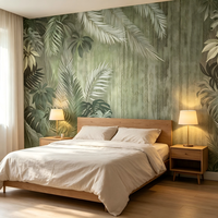 Papier peint vintage vert sauge à motifs de palmiers tropicaux et de feuilles de Monstera, écologique, murale botanique jungle pour salon, chambre, restaurant