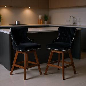 Tabourets de bar en velours avec pieds en bois, garniture chromée, capitonnés, pivotants, lot de 2, noir - Product Image 2