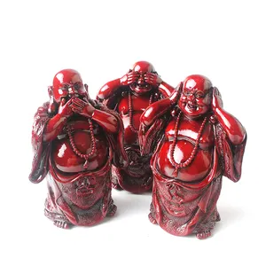 antique red color middle size Hear No Evil, See No Evil, Speak No Evil three standing buddha statue