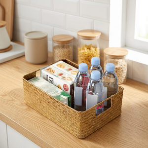 Natural Seagrass <b>Storage</b> <b>Basket</b> Rectangle With Handles For Sundries Organization Simple Style - Product Image 3