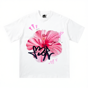 เสื้อยืดเด็กทรงบ็อกซี่ลายกราฟฟิตี้ดอกชบา แขนสั้น โอเวอร์ไซส์ สไตล์สตรีทแวร์ สำหรับฤดูใบไม้ผลิและฤดูร้อน ผ้าคอตตอนเจอร์ซีย์ 100% คอกลม - Product Image 1