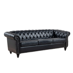 Chesterfield <span class=keywords><strong>classico</strong></span> divano in pelle PU a 3 posti con braccioli arrotolati per <span class=keywords><strong>soggiorno</strong></span> o ufficio di colore nero - Product Image 1