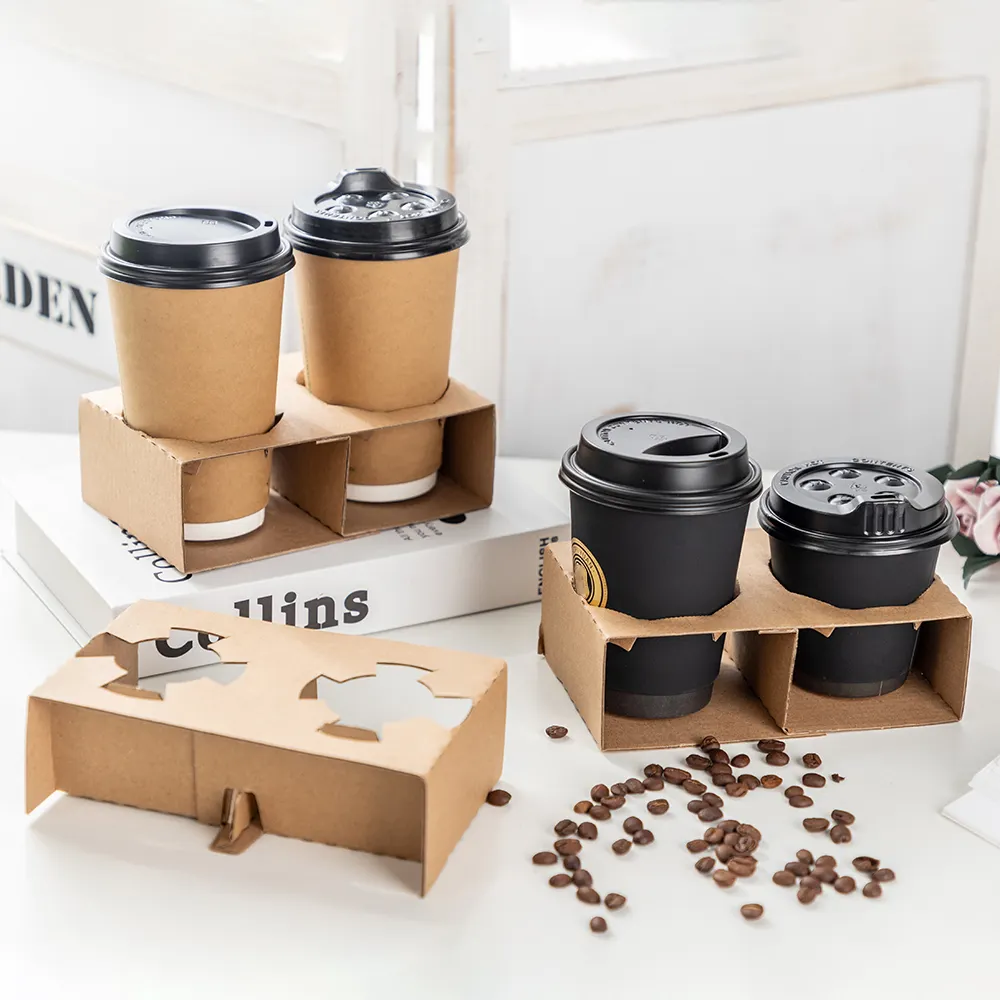 LOKYO Custom take away 2 cup carrier disposable degradable kraft paper tray holder for hot drinks