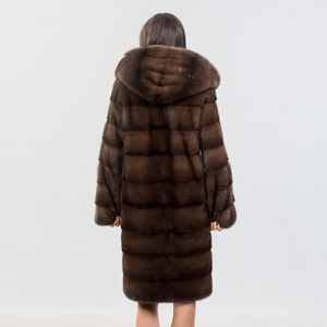 Lussuoso <span class=keywords><strong>Cappotto</strong></span> Lungo in <span class=keywords><strong>Visone</strong></span> Saga Marrone Naturale da Donna <span class=keywords><strong>con</strong></span> <span class=keywords><strong>Cappuccio</strong></span>, Fodera Invernale in Poliestere, Lavorazione Grezza - Product Image 6