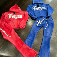 Ensemble de survêtements personnalisés OEM ODM pour hommes, avec pantalon patchwork, joggers empilés, pantalon de survêtement évasé délavé et effet usé, et sweat à capuche