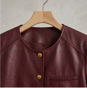 <strong>Women</strong> Coat Wine Red Crew Collar Gold Buttons Multi Split Pockets <strong>Petite</strong> Short Commuter <strong>Leather</strong> <strong>Jacket</strong> - Product Image 4