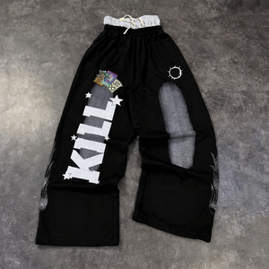 Pantalon de survêtement en coton délavé à l'acide pour hommes taille élastique respirante écologique double taille baggy jambe large évasée jambe droite - Product Image 1