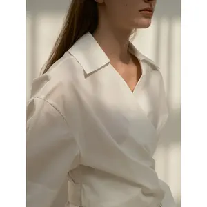 New Fashion Spring And Summer High Quality Women Top Tuck Wrap Blouse Cowl neck, short cuffs sleeves Tucks on one shoulder