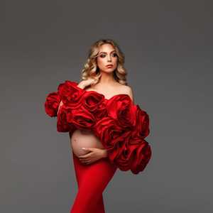 FKS02 Elegance Red <strong>Maternity</strong> Dress Floral <strong>Top</strong> Skirt 2 Pieces Pregnant Gowns Off Shoulder Custom Baby Shower Maxi Dress Flower - Product Image 1