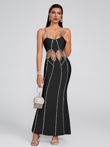 Vestido Midi Bodycon Feminino com Alça de Strass, Vestido de Festa Sexy com Recortes, Vestido de Coquetel Preto Sem Mangas, Atacado OEM - Product Image 2