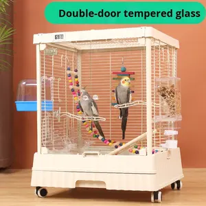 กรงนกแบบใส รุ่นกลาง สำหรับผู้เริ่มต้น กรงสีขาวพร้อมที่เล่นแบบเปิดด้านบนและขาตั้งแบบมีล้อ กรงนกทำจากอะคริลิก - Product Image 5