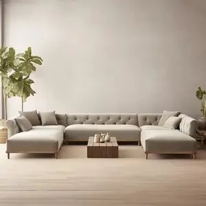 European New Designs Italia Gray Fabric Chesterfield Customizable Sofa Secional Oak Base U Shape Corner Sofa Bed