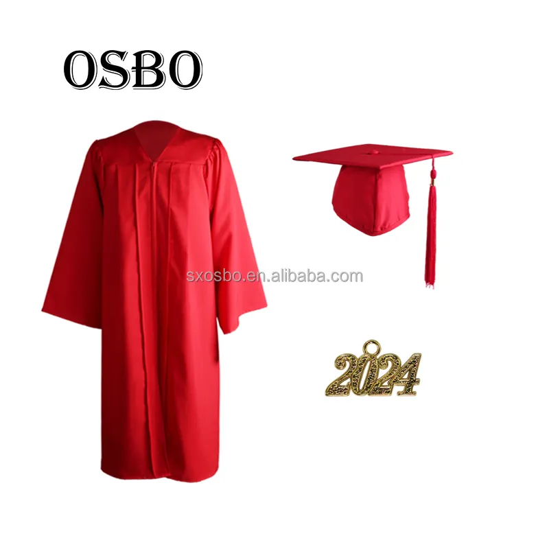 2024 Großhandel Red University Akademisches Kleid Bachelor Kleid College Abschluss kleid und Mütze