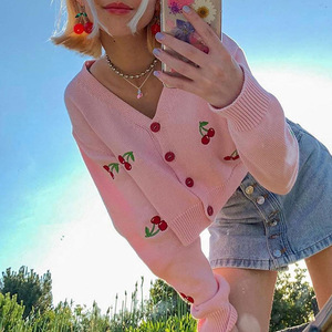 2025 femmes décontracté hiver court tricoté pull manteau nouveau cerise brodé simple boutonnage coupe ample - Product Image 6