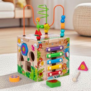 Ensemble de jouets multifonctionnel, labyrinthe de perles, trieur de formes, cube d'activités en bois 6-en-1 pour bébé - Product Image 1