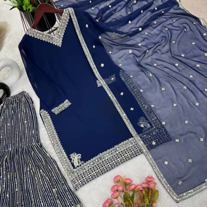 Présentation de la fausse georgette lourde avec une séquence de broderie lourde fonctionne avec un haut à manches longues pantalon Dupatta ensemble robe de soirée - Product Image 1