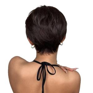 Peluca Corta y Lisa para Mujer Dm29 15, Color Marrón Oscuro/Negro, Fibra Kanekalon, Línea de Cabello Natural, Encaje Transparente, Peluca Completa - Product Image 2