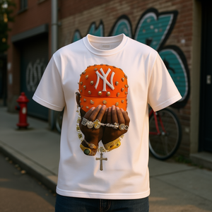 T-Shirt Oversize con Grafica Mano e Cappuccio Arancione, Streetwear da Uomo, Collo Tondo, Manica Corta, 100% Cotone Jersey, Stampa Digitale - Product Image 2