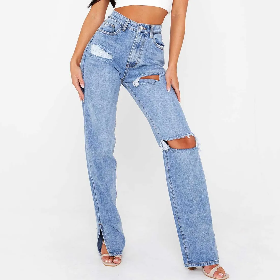 Calça jeans alta cintura reta, feminina, extra longa, cor sólida, rasgada, micro-esfregão 2022