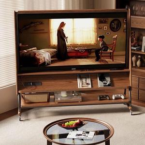 Mueble de TV móvil de madera maciza, color nogal, soporte de suelo con almacenamiento para sala de estar, apartamento pequeño, diseño moderno minimalista - Product Image 1