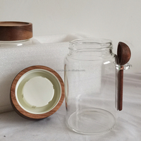 Récipients à café, sucre et thé avec cuillères, bocaux en verre avec couvercles et cuillères en bois, ensemble de 3 boîtes à café pour comptoir