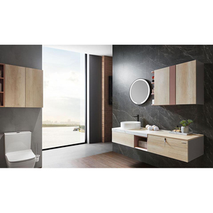 Meuble-lavabo mural moderne en mélamine à grain de bois simple avec miroir intégré pour salle de bain, idéal pour la maison et l'hôtel - Product Image 1