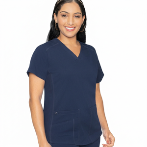 Haut de blouse médicale bleu marine à col en V et manches courtes pour femme avec poche - Product Image 1