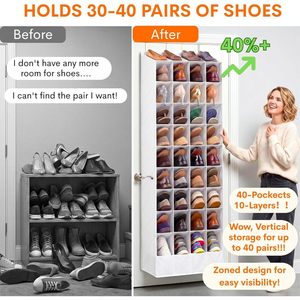 Organisateur de chaussures à suspendre derrière la porte, 40 poches profondes, grande capacité, blanc, en tissu non tissé, pour bottes, baskets, rangement de chaussures derrière la porte - Product Image 2