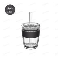 Tasse à café en verre borosilicaté de 12oz avec 2 couvercles en paille et un manchon en silicone personnalisable avec décalcomanie et logo, nouvelle arrivage
