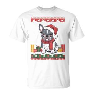 T-shirt chien bouledogue français avec chapeau de Père Noël et motif moche de Noël - Product Image 1