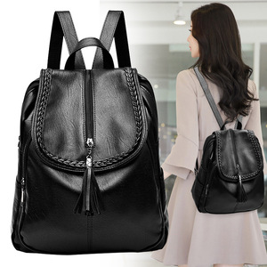 Wholesale All New Cheap Custom Logo Bag with Tassel Black Fashion College Bags Leather Backpack for Women School Bag - Product Image 1