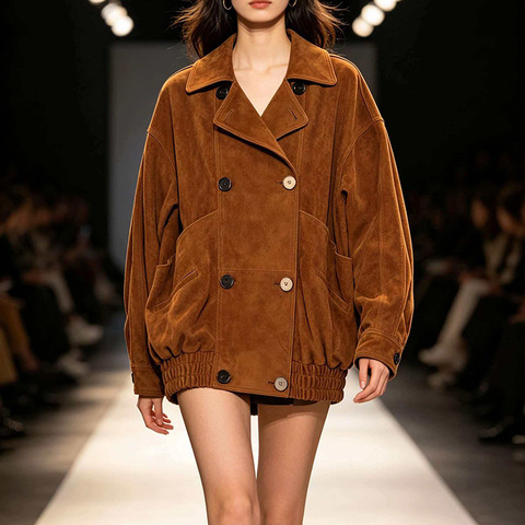 HN6135 2026 Summer Women's Retro HK Style Loose Coat Lapel Double Breasted Suede Goatskin Leather Jacket