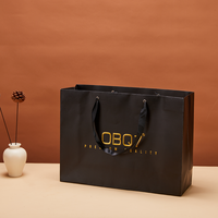Sac en papier noir avec logo imprimé personnalisé, avec œillets métalliques renforcés et poignées en ruban pour l'emballage de produits cosmétiques et de soins de la peau