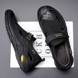 Zuecos de Cuero Genuino para Hombre, Punta Cerrada, Forro de Malla, Suela de Goma, Transpirables, Deportivos, Sandalias de Verano para Exteriores - Product Image 1