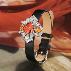 Ensemble de bijoux en pierre précieuse orange flamme et cuir, laiton plaqué platine, bracelet et bague pour femmes, luxe - Product Image 4