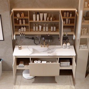 Mobile bagno a parete scanalato color caffè in PVC con certificazione CE europea, curvato a caldo, integrato, con specchio e lavabo, per progetti villa - Product Image 5