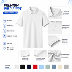 Camiseta Polo Blanca Personalizada para Hombre, 87% Poliéster, 13% Elastano, Absorbe la Humedad, Manga Corta, Uniforme de Equipo, ODM OEM Disponible - Product Image 4