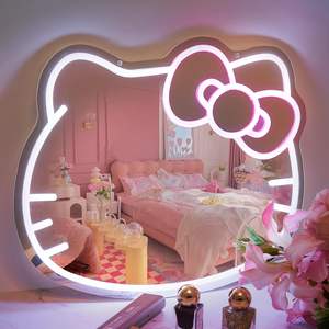 ハローキティ ミラー ネオンサイン、ピンク＆ホワイトLEDバニティミラー、女の子の寝室用メイクアップバニティデコレーション - Product Image 1