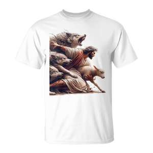 Camiseta cristiana con estampado digital de Jesús protegiendo al cordero de los lobos, para hombre, blanca, talla grande, cuello redondo, manga corta, regalo para la iglesia - Product Image 1