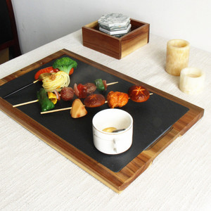 Stone Slab Serving <b>Board</b> With Wooden Frame For Steak BBQ Pizza Platter Dishware Set - Product Image 1