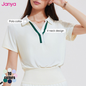 Janya décontracté haut de sport séchage rapide col en v revers nouvelle couleur bloquant coupe ample à manches courtes Golf Tennis Pickleball chemises pour les femmes - Product Image 4